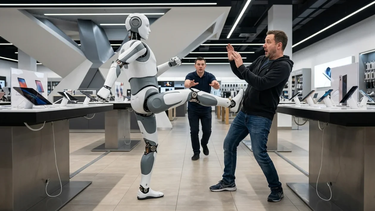 Robot umanoide tenta di colpire un cliente in un negozio