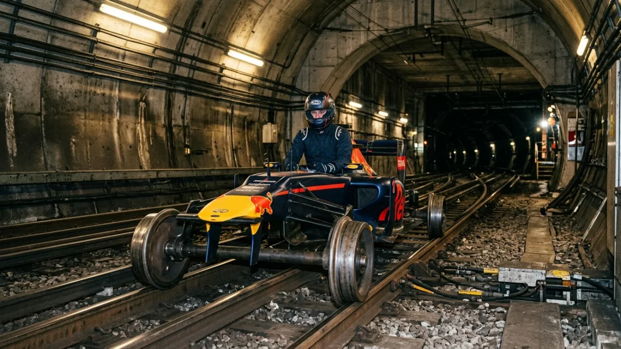 Monoposto Red Bull RB8 adattata con ruote metalliche per viaggiare sui binari della metropolitana di Madrid