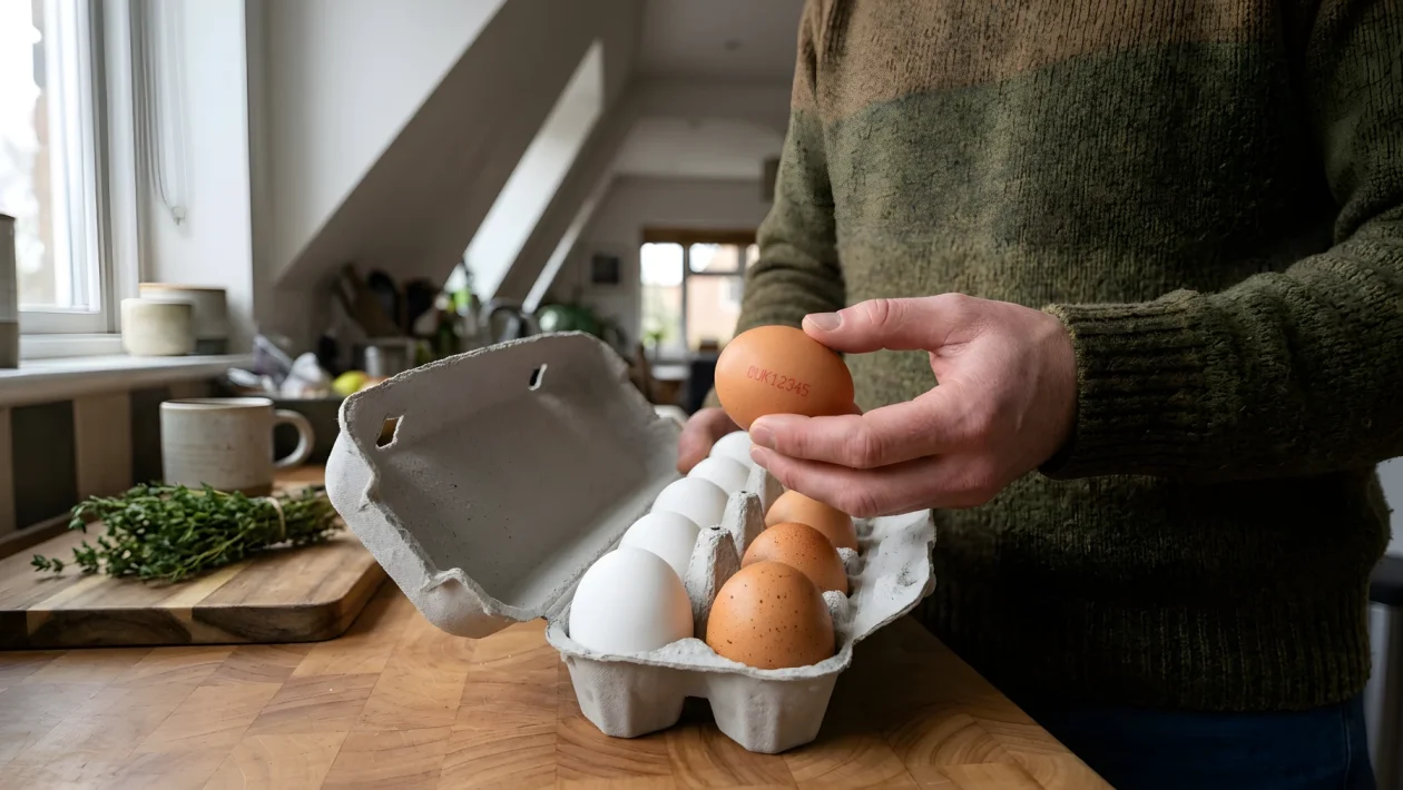 Uova fresche con codice di tracciabilità stampato sul guscio