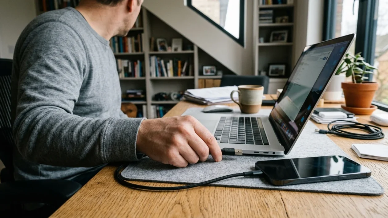 Porta USB-C e porta USB-A su laptop con smartphone collegato via cavo su scrivania
