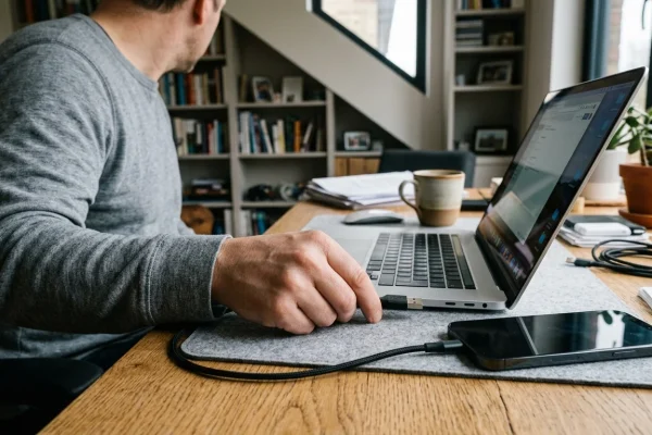Porta USB-C e porta USB-A su laptop con smartphone collegato via cavo su scrivania