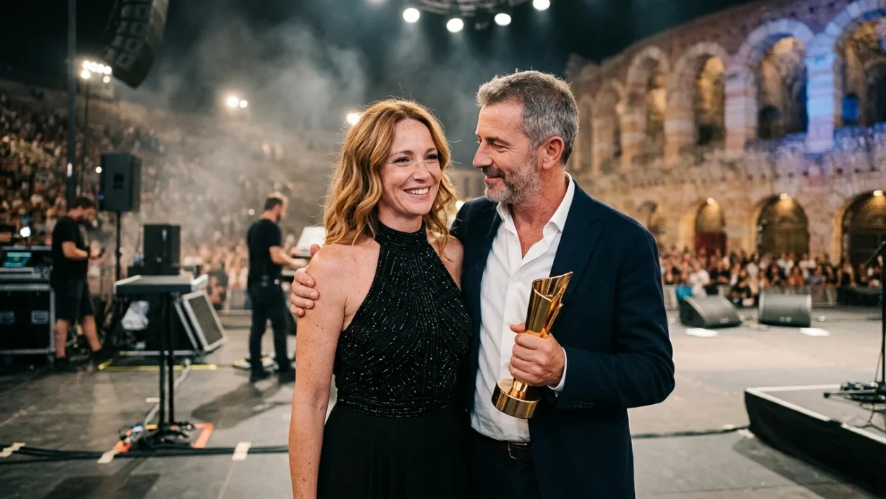 Vanessa Incontrada sul palco dell'Arena di Verona con abito lungo nero scintillante