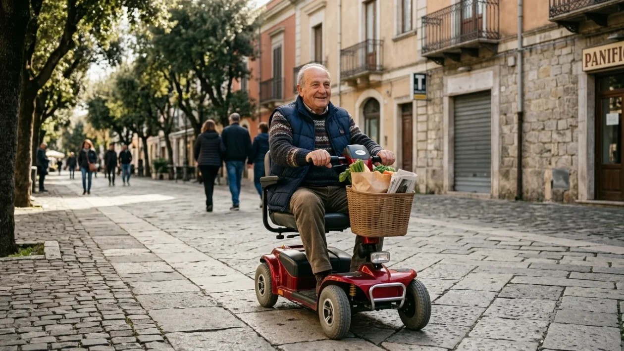 Scooter elettrico per anziani a quattro ruote posteggiato vicino a un'area pedonale urbana