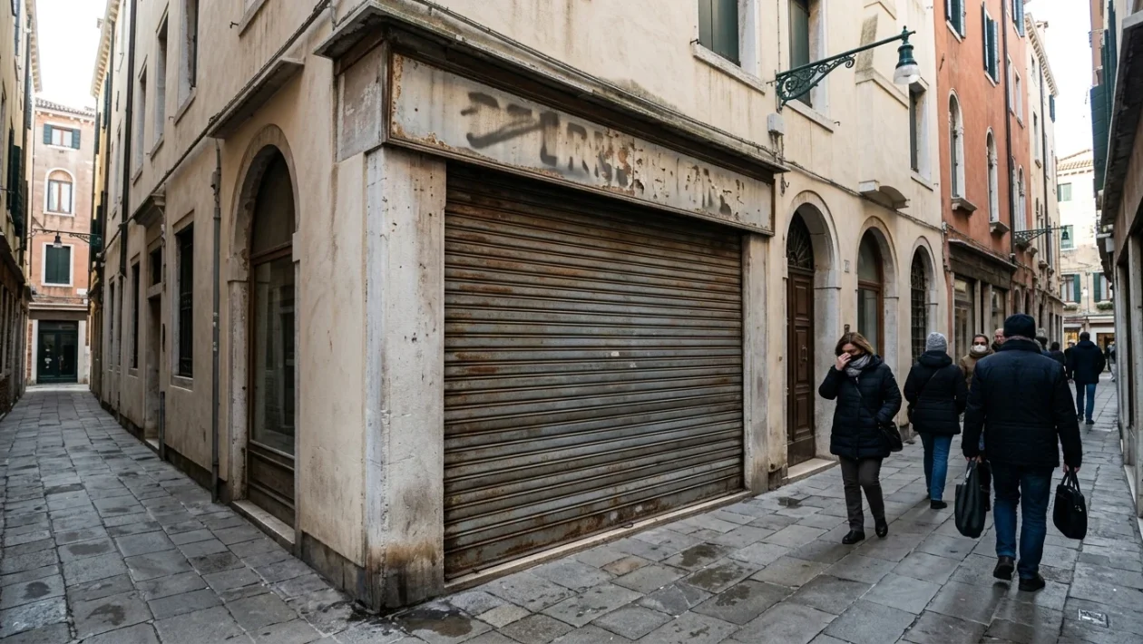 Scorcio delle Mercerie a Venezia con negozi e passanti