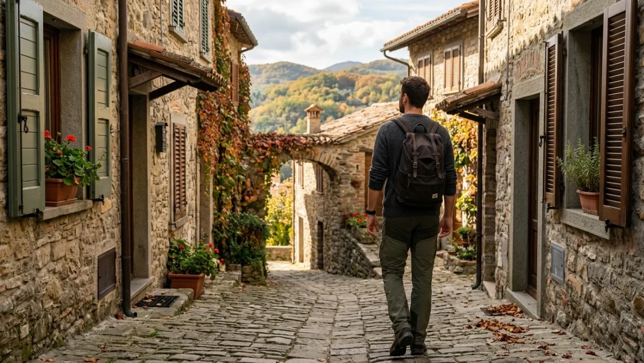 Scorcio suggestivo di un antico borgo italiano in pietra immerso nei colori caldi del foliage autunnale
