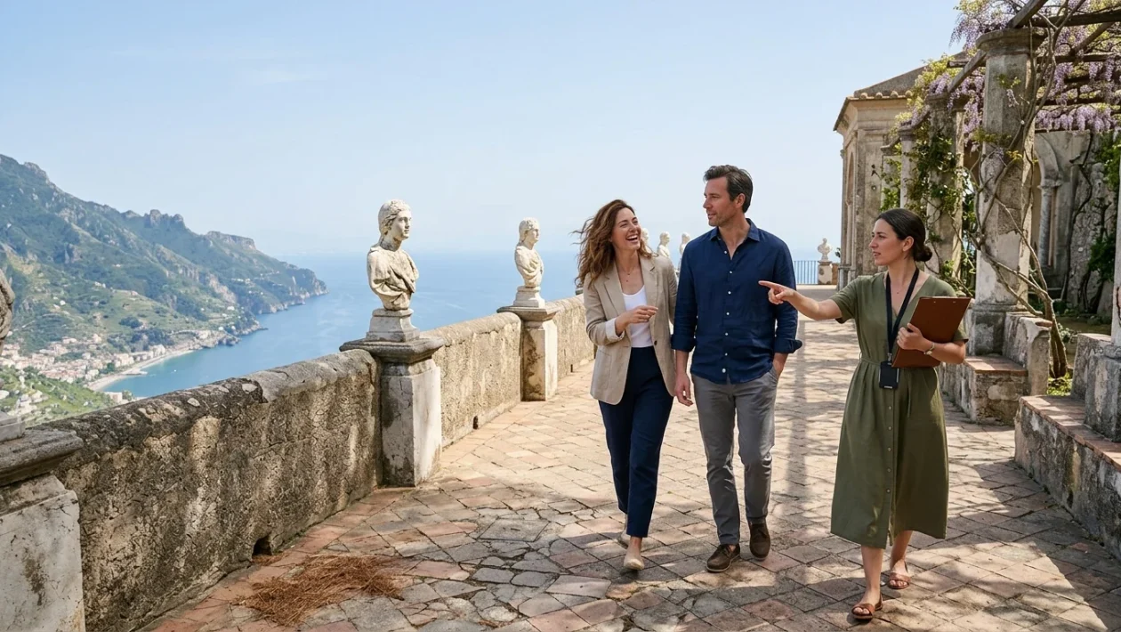 Scorcio panoramico dei giardini e della Terrazza dell'Infinito a Villa Cimbrone a Ravello