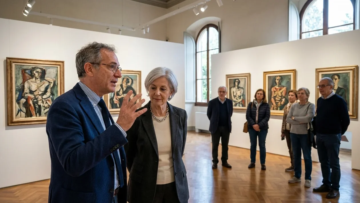 Allestimento della mostra dedicata a Voltolino Fontani a Villa Trossi