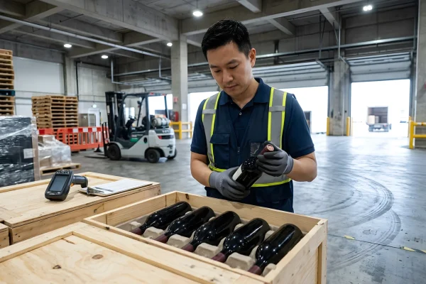 Bottiglia di vino davanti alla bandiera della Cina
