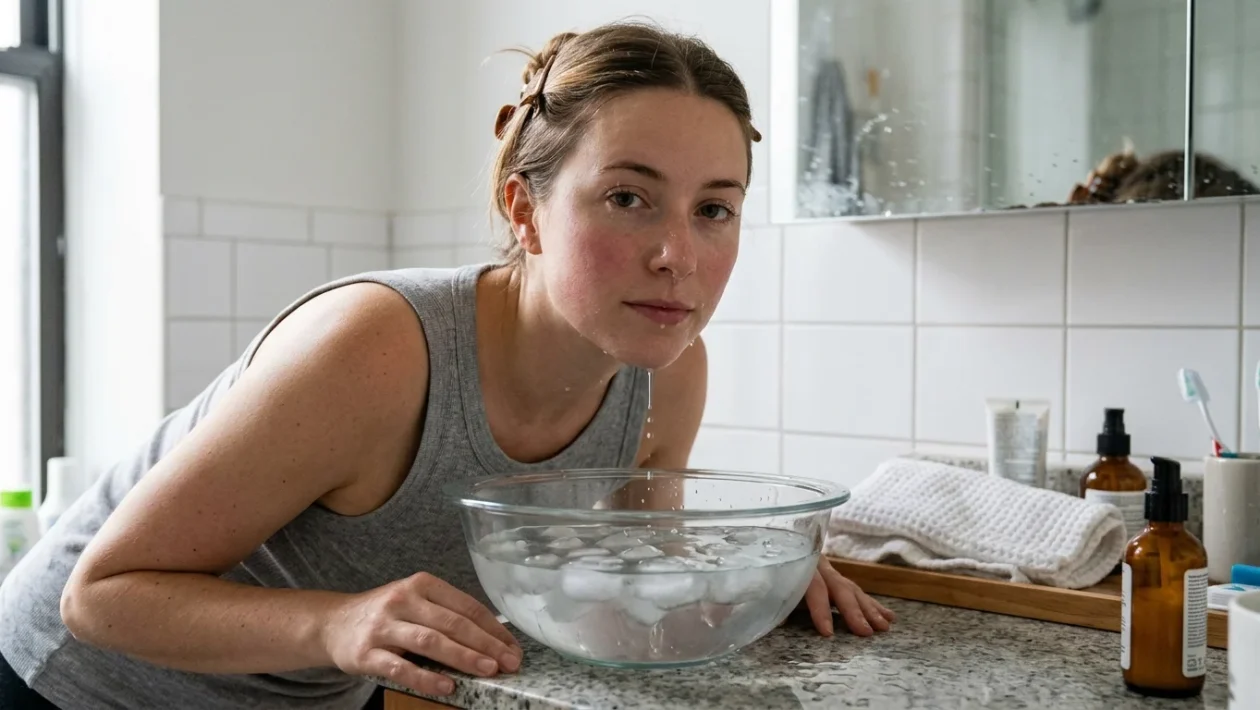 Ciotola con acqua e cubetti di ghiaccio per il facial icing mattutino