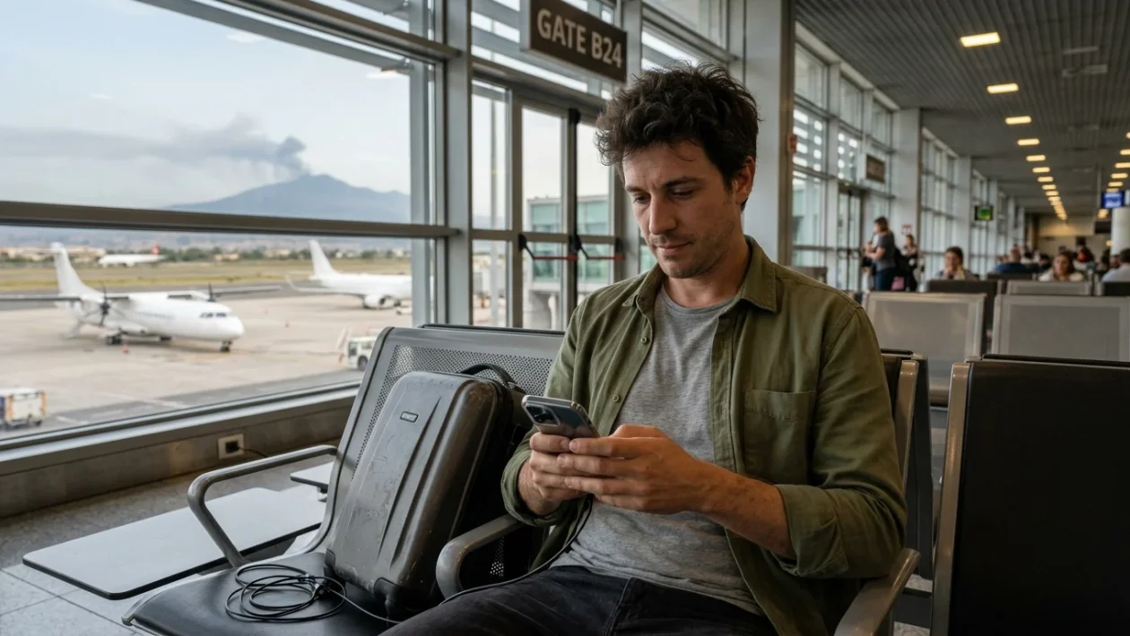 Tabellone partenze dell'aeroporto di Catania con indicazioni di voli cancellati e dirottati