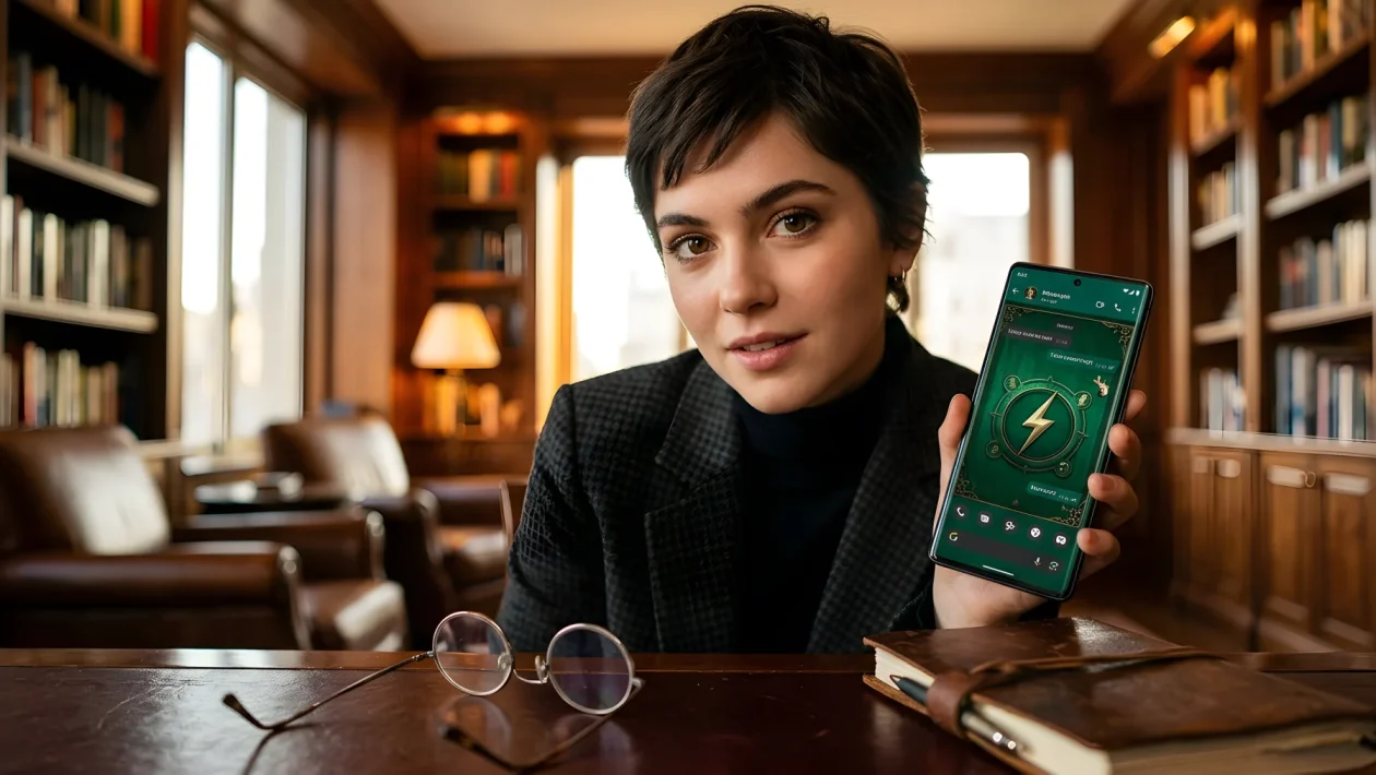 Smartphone Android su scrivania in legno con schermata di personalizzazione chat, occhiali tondi e penna d’oca