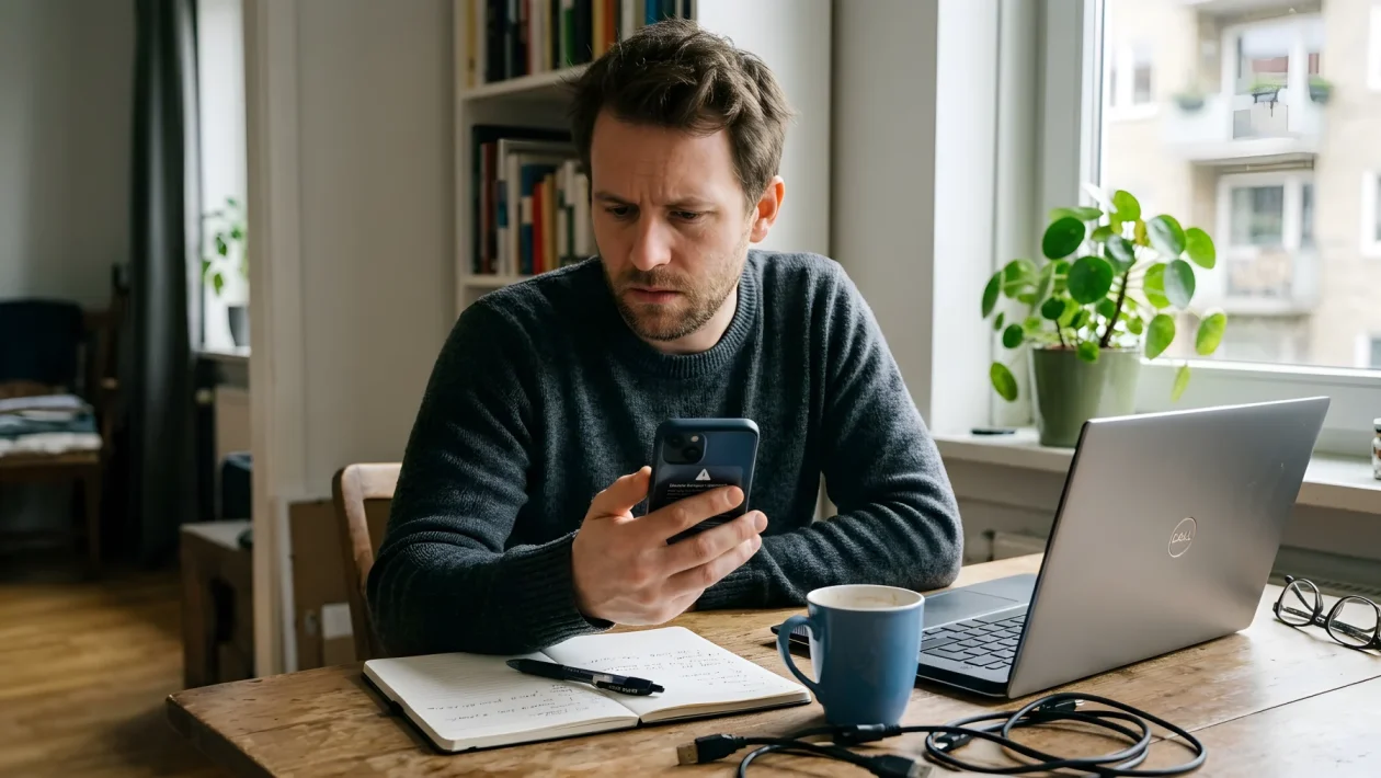 Smartphone su scrivania con chat sfocata e avviso di sicurezza, mano vicina e laptop con impostazioni sullo sfondo