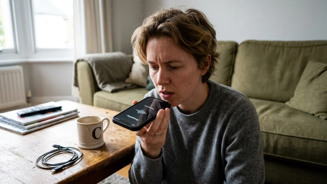 Schermata di iPhone con la tastiera attiva su una chat WhatsApp e l'icona del microfono evidenziata
