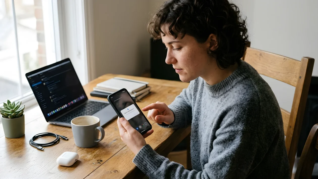 Smartphone su una scrivania con notifica attiva sullo schermo