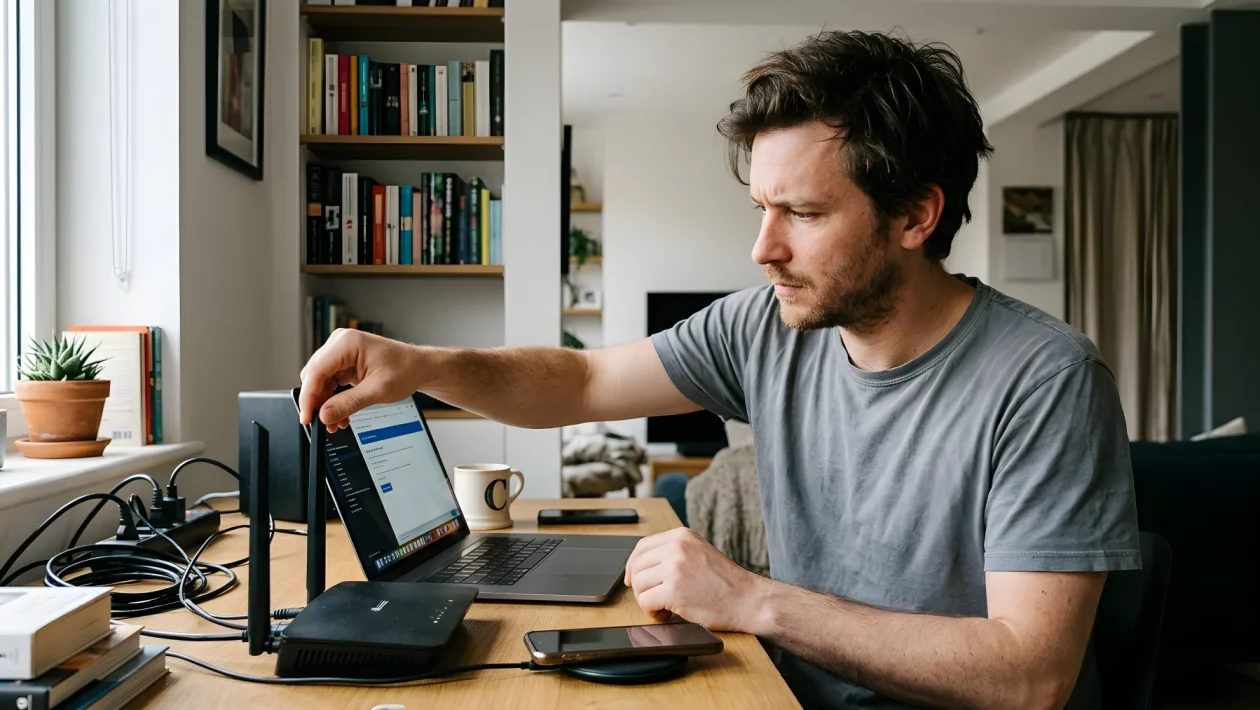 Router Wi-Fi con quattro antenne su scrivania accanto a laptop e smartphone