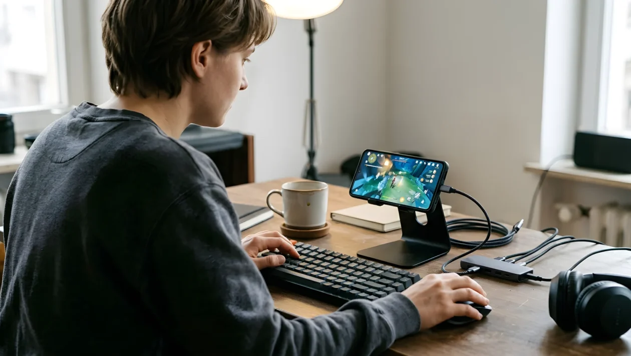 Smartphone Android collegato a hub USB-C, tastiera, mouse e monitor portatile