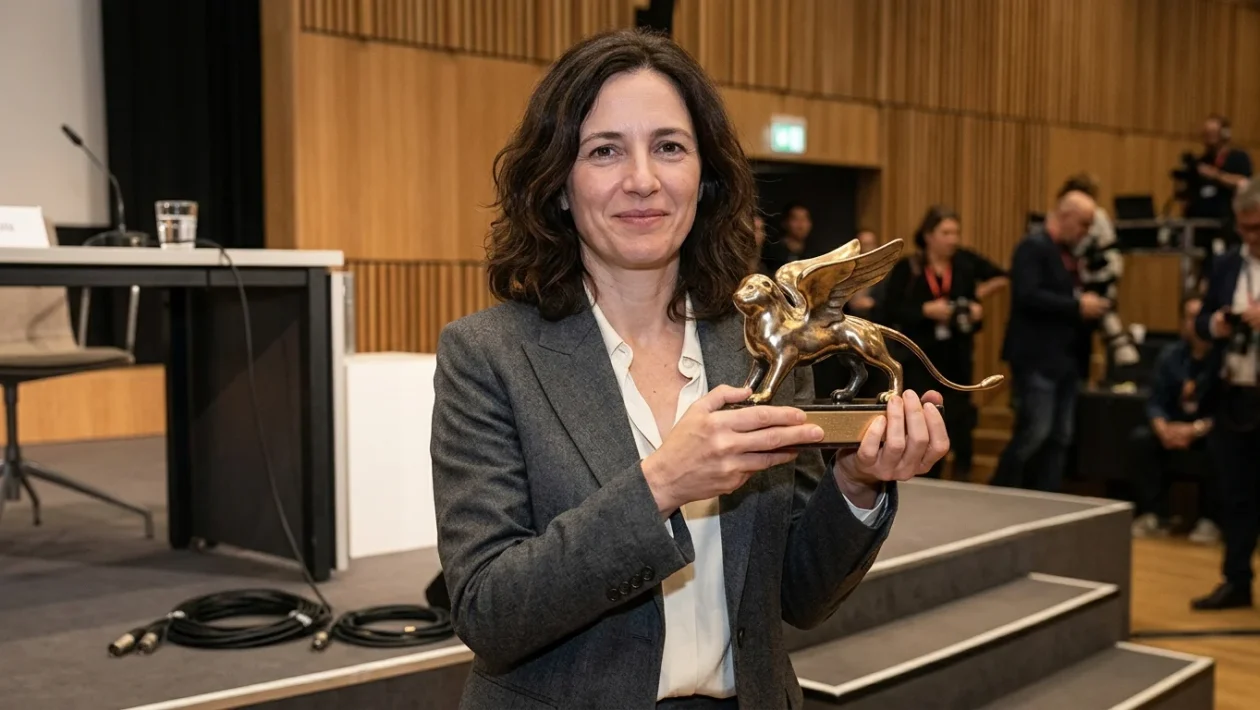Regista May el-Toukhy alla premiazione della Mostra del Cinema di Venezia con il Leone d'Oro