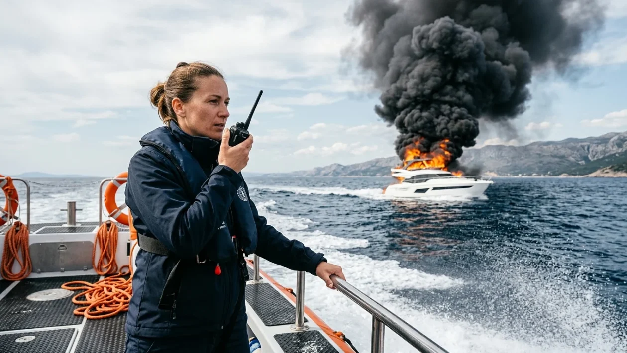 Yacht da diporto in fiamme al largo della costa