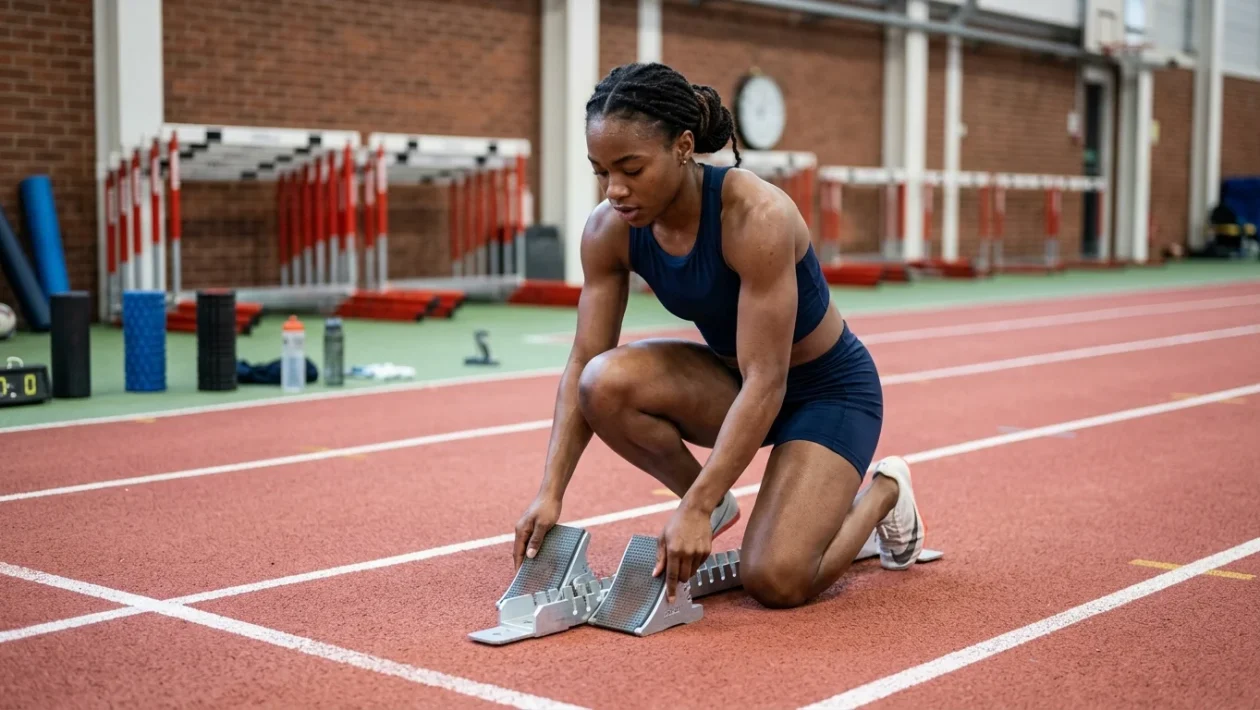Zaynab Dosso concentrata sui blocchi di partenza di una pista di atletica