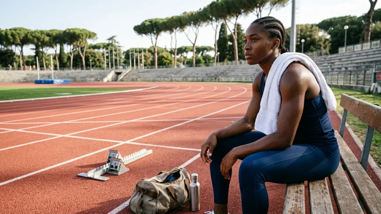 Zaynab Dosso sui blocchi di partenza di una pista di atletica leggera