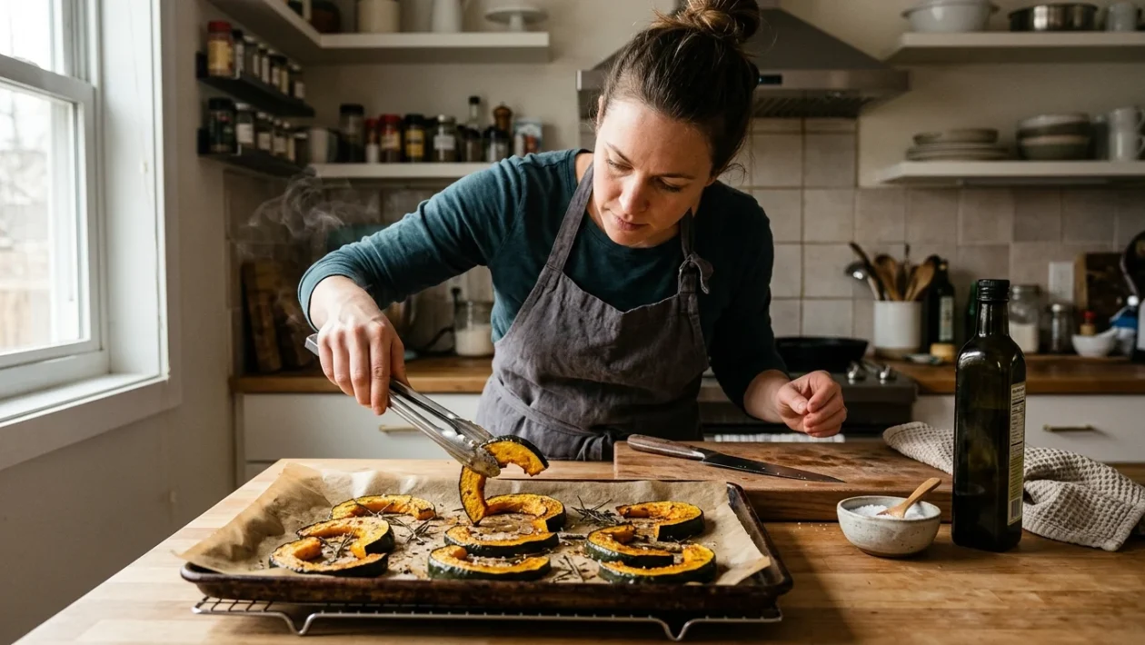 Fette di zucca delica al forno con buccia disposte su una teglia dorate e speziate