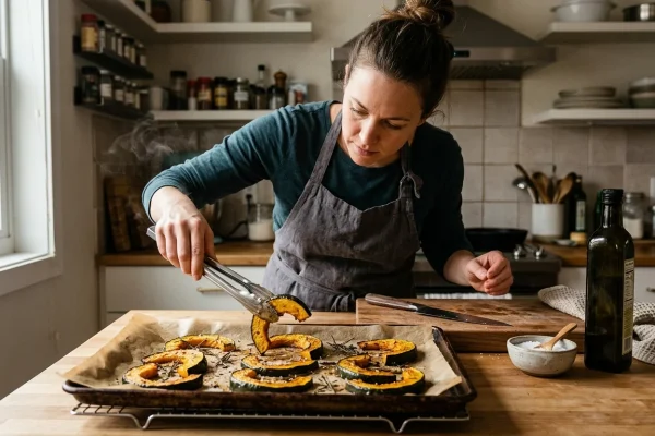 Fette di zucca delica al forno con buccia disposte su una teglia dorate e speziate