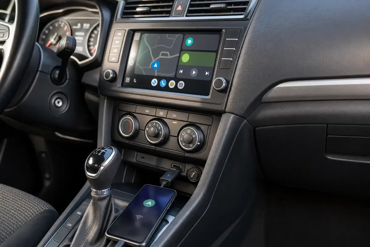 Cruscotto auto con schermo infotainment, smartphone sulla console e adattatore USB collegato