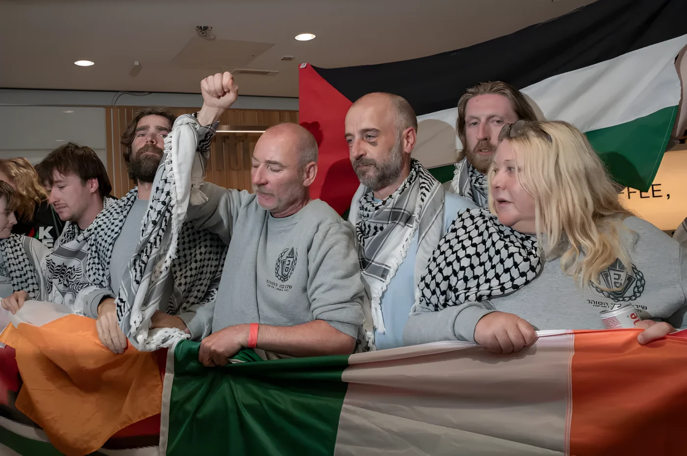 DUBLIN, IRELAND - MAY 23: Freedom Flotilla activists pose before delivering a statement at Dublin Airport. From left: Joshua St Leger, Adam Fitzhenry Collier, Cormac O
