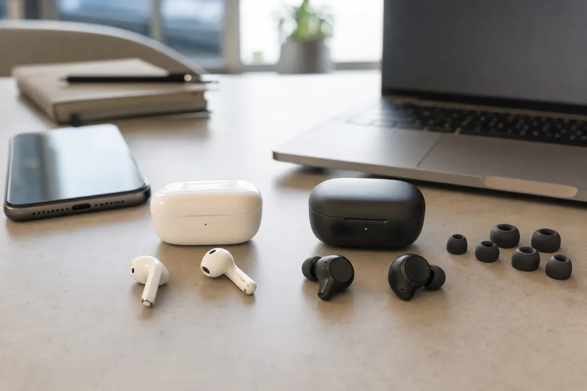 Due paia di auricolari wireless con custodie, uno bianco a stelo e uno nero in-ear con gommini, su una scrivania