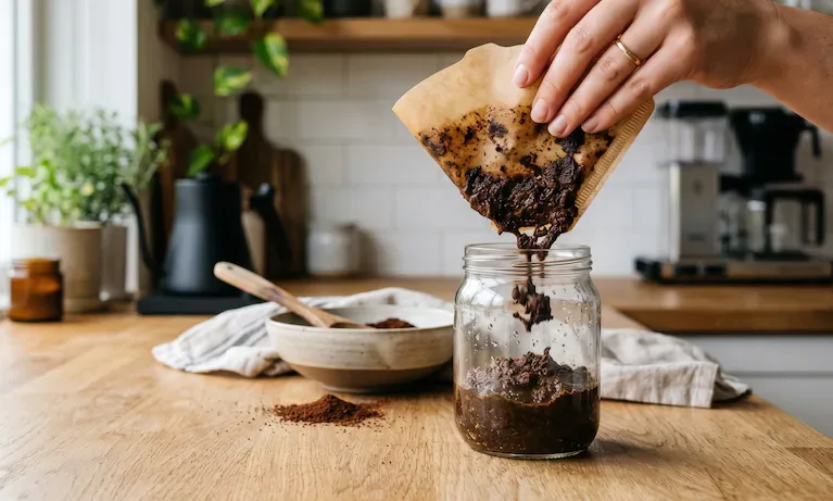 El café usado no se disuelve en agua, por lo que no hay que usar mucha cantidad en el inodoro. (imagen ilustrativa generada con IA)