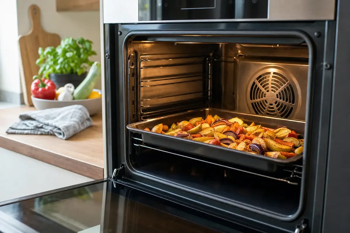 Forno ventilato aperto con teglia di verdure e patate arrosto dorate e ventola visibile sul fondo