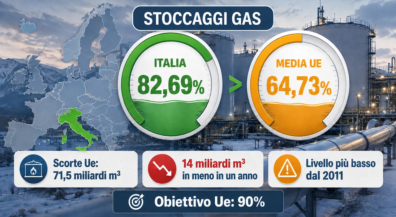 Gas Ue al 65,39%: le riserve scendono a 71,5 miliardi di metri cubi, minimo dal 2011