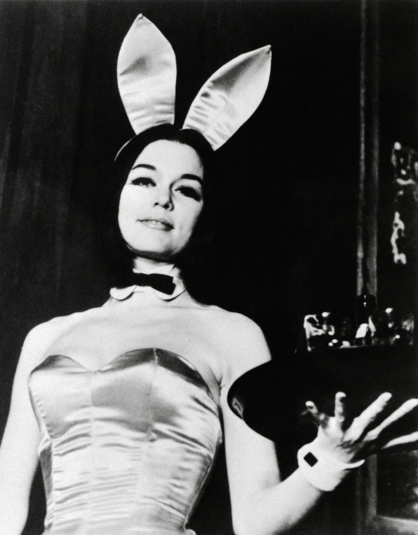 Gloria Steinem wearing playboy bunny costume. Photo filed 1980.