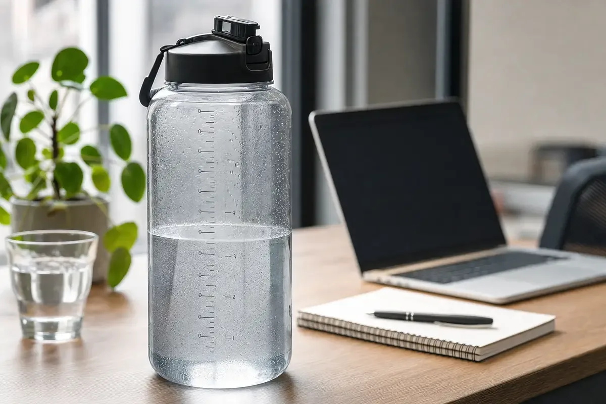 Grande borraccia trasparente con tacche di misurazione su una scrivania, con laptop sfocato, taccuino e bicchiere d’acqua