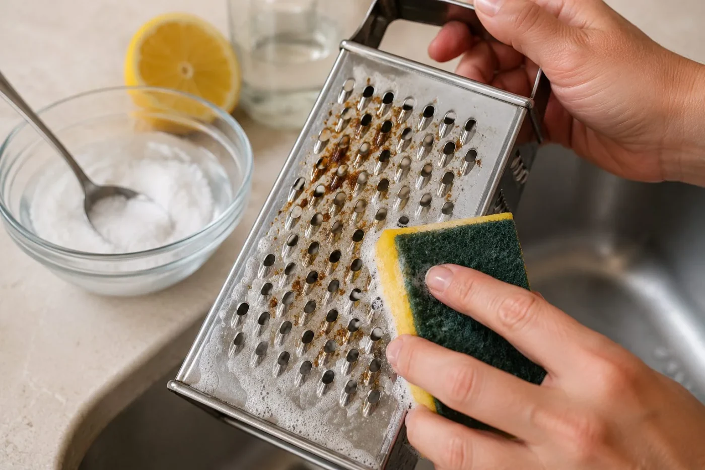 Grattugia incrostata: il trucco della spugna in freezer per pulirla in pochi secondi senza rovinarla