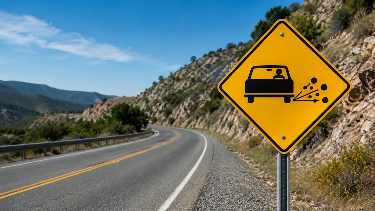 La función de esta señal de tránsito función es advertir a los conductores que ingresan a una zona donde pueden encontrarse piedras sueltas sobre la calzada, capaces de ser despedidas por los neumáticos de los vehículos. (Foto: ChatGPT)