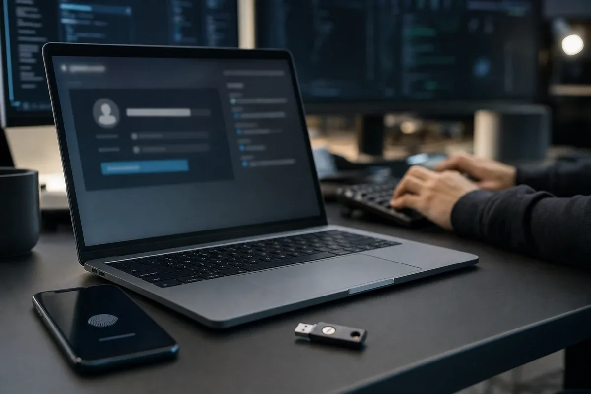 Laptop con schermata di accesso sfocata, smartphone con impronta digitale e chiave USB su una scrivania