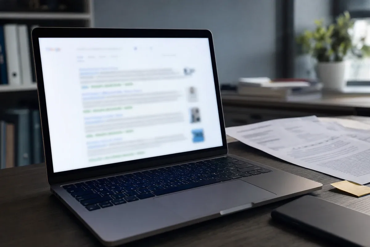 Laptop su una scrivania con risultati di ricerca sfocati sullo schermo e documenti cartacei accanto