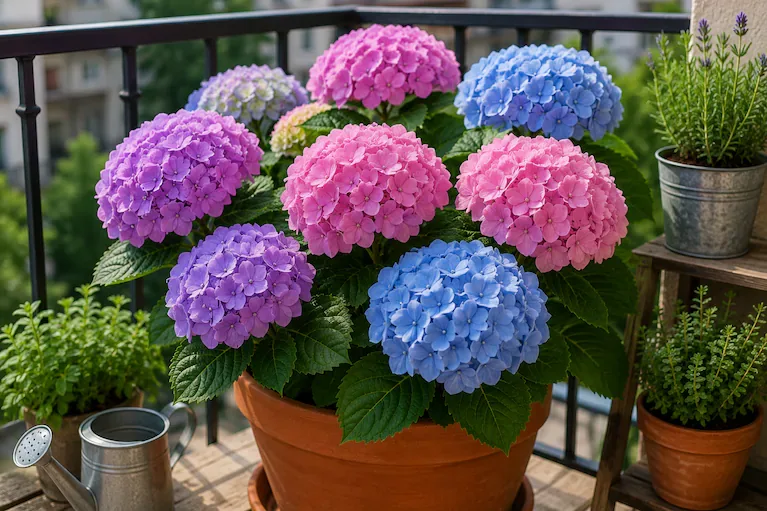 Las hortensias son una buena opción para balcones luminosos que estén protegidos del sol más intenso. (Imagen generada con IA)