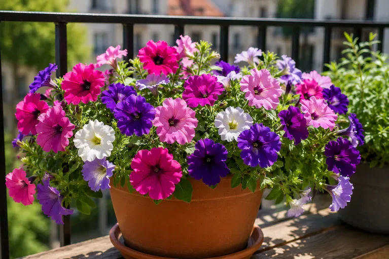 Las petunias aportan una gran variedad de colores y pueden cultivarse en macetas colgantes para aprovechar mejor el espacio del balcón. (Imagen generada con IA)