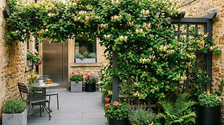 Los jardineros eligen la madreselva para patios chicos y crece sin sol directo (Imagen creada con IA).