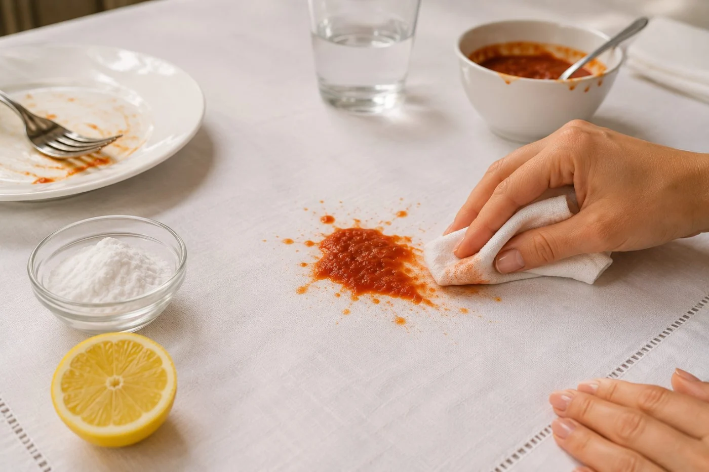 Macchie di sugo sulla tovaglia bianca: il metodo in 4 mosse per eliminarle
