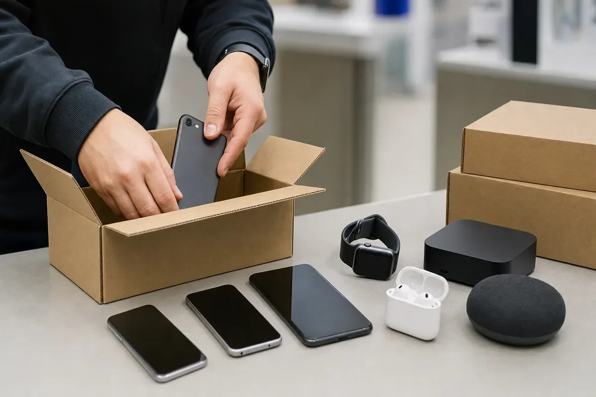 Mani che ripongono uno smartphone in una scatola, con altri dispositivi elettronici e accessori su un tavolo