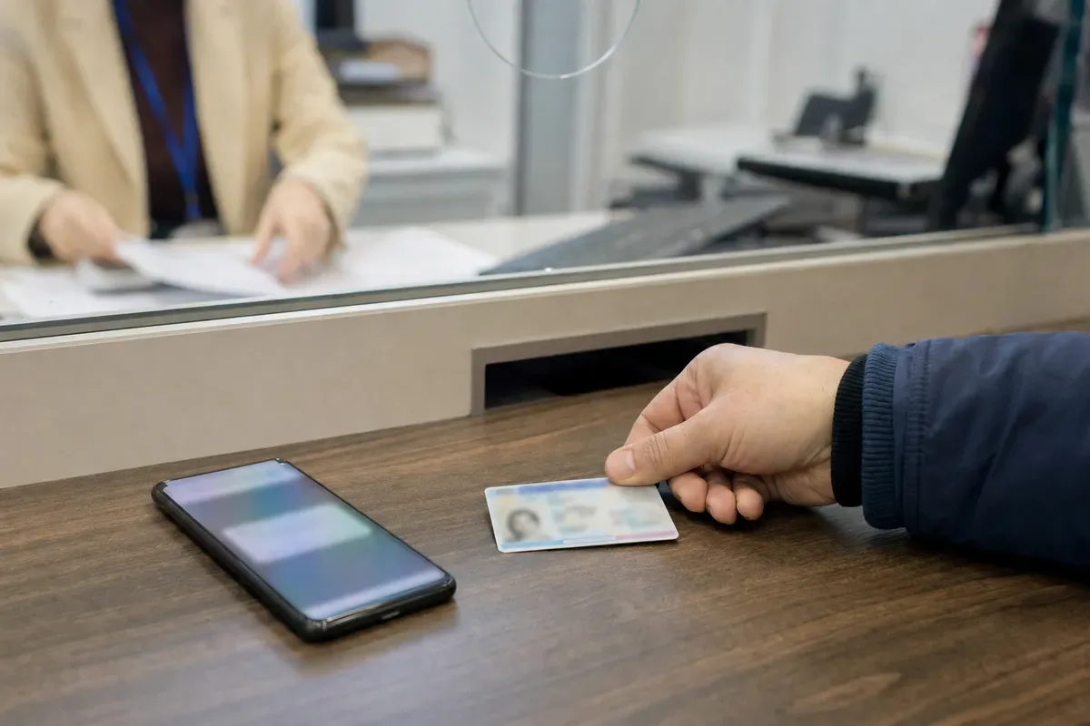 Mano appoggia una carta d’identità elettronica su un banco, accanto a uno smartphone, allo sportello comunale