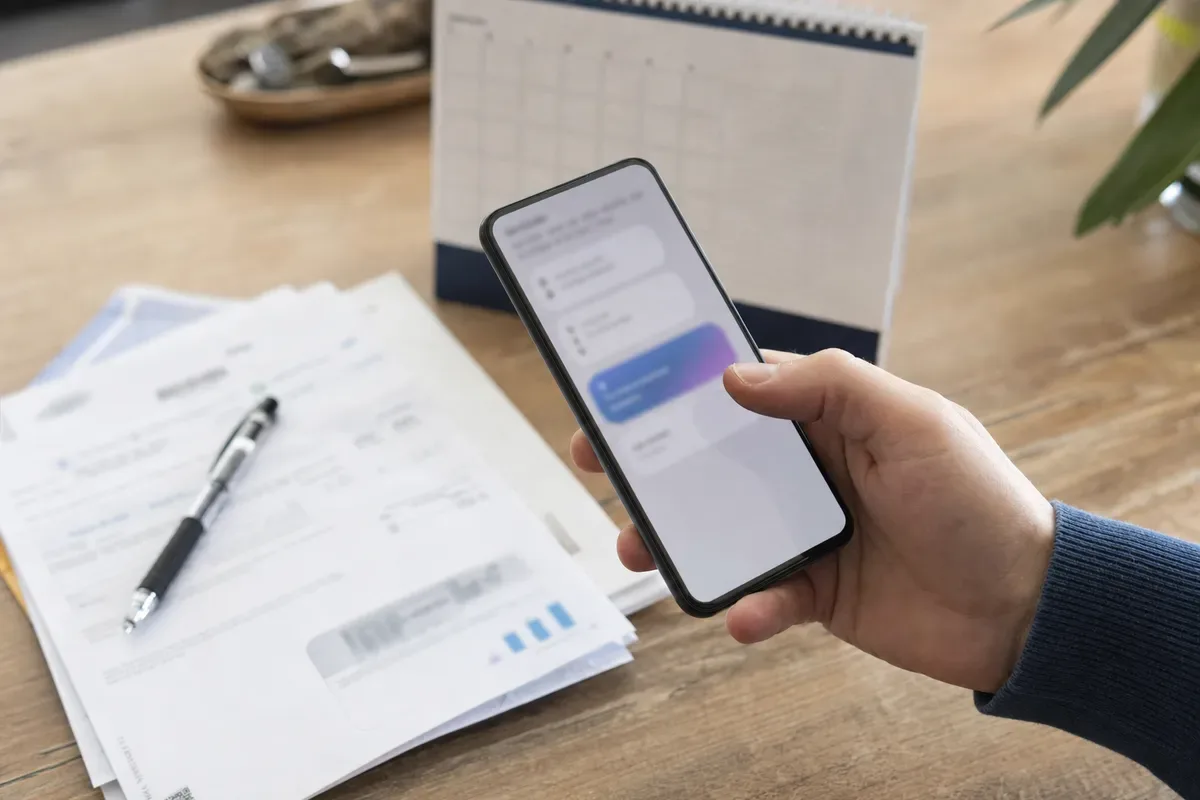 Mano che controlla uno smartphone su una scrivania con bollette, penna e calendario da tavolo sullo sfondo