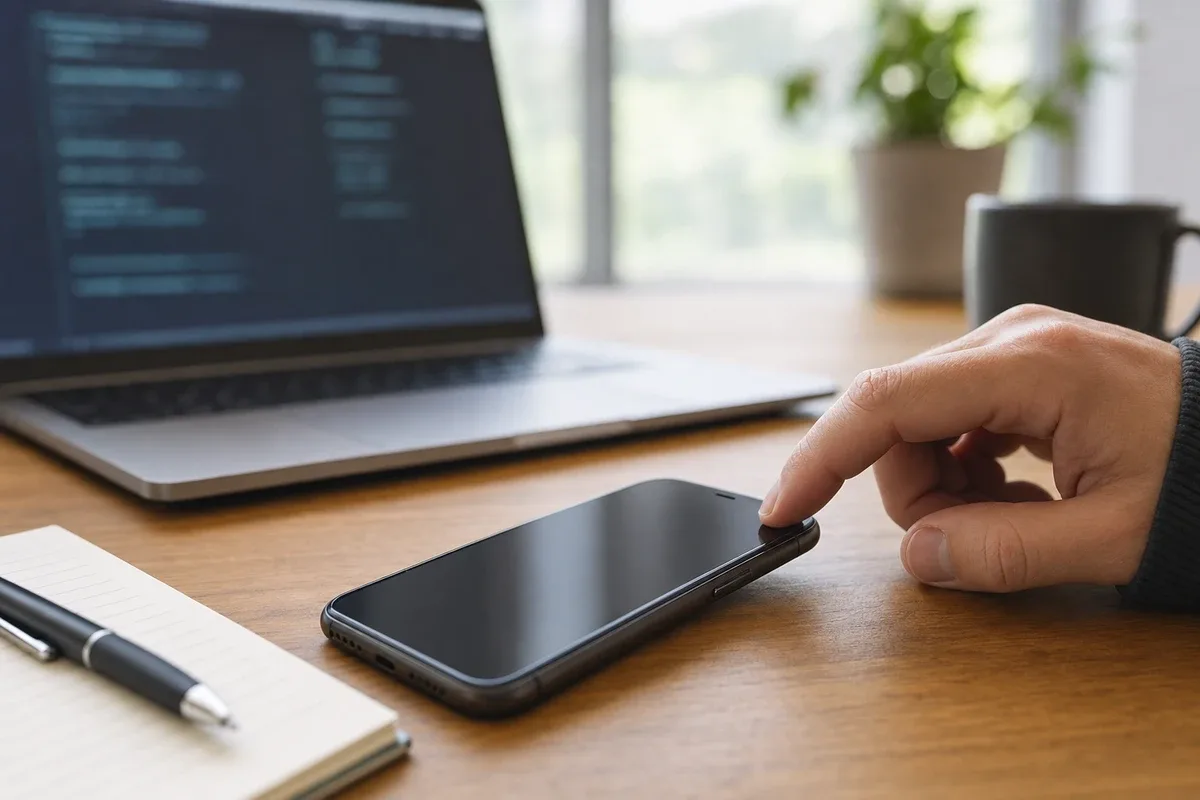 Mano che preme il tasto di accensione di uno smartphone spento su una scrivania, con laptop sfocato sullo sfondo