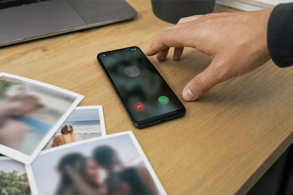 Mano che raggiunge uno smartphone con chiamata in arrivo su una scrivania, accanto a foto stampate sfocate