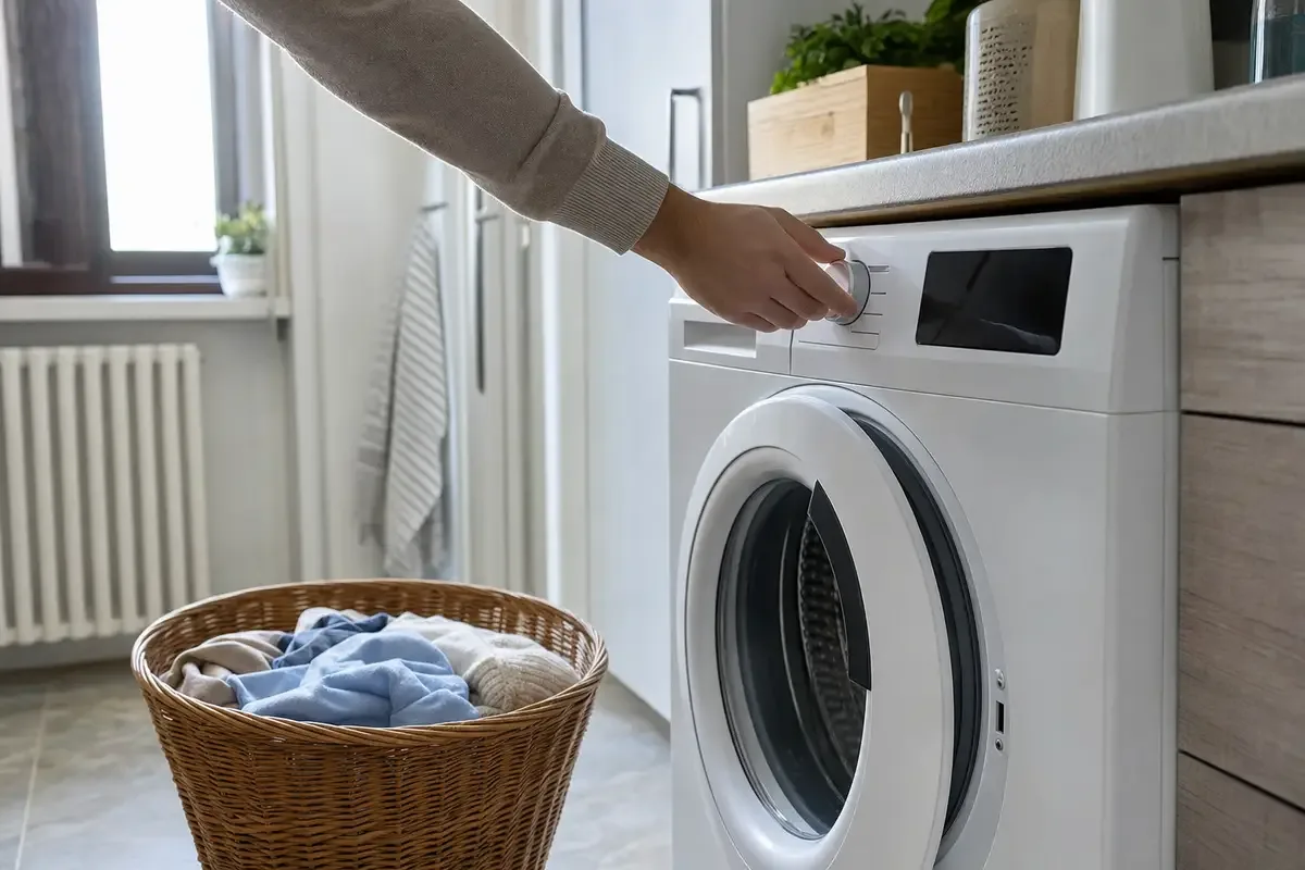 Mano che seleziona un programma sulla lavatrice, con cesto di bucato poco sporco in una lavanderia domestica