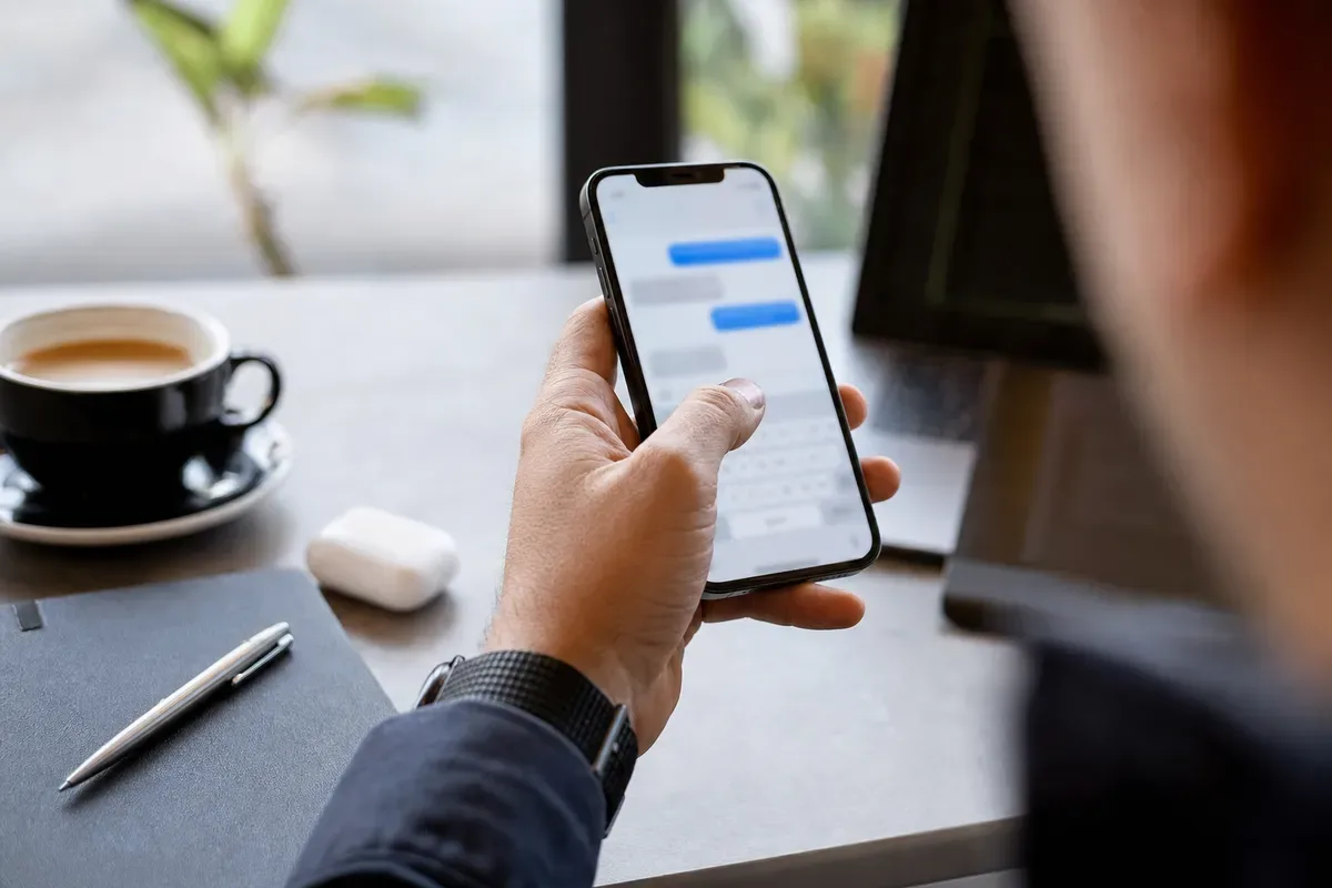Mano che usa uno smartphone con chat sfocata su un tavolo con tazza di caffè, taccuino, penna e custodia auricolari