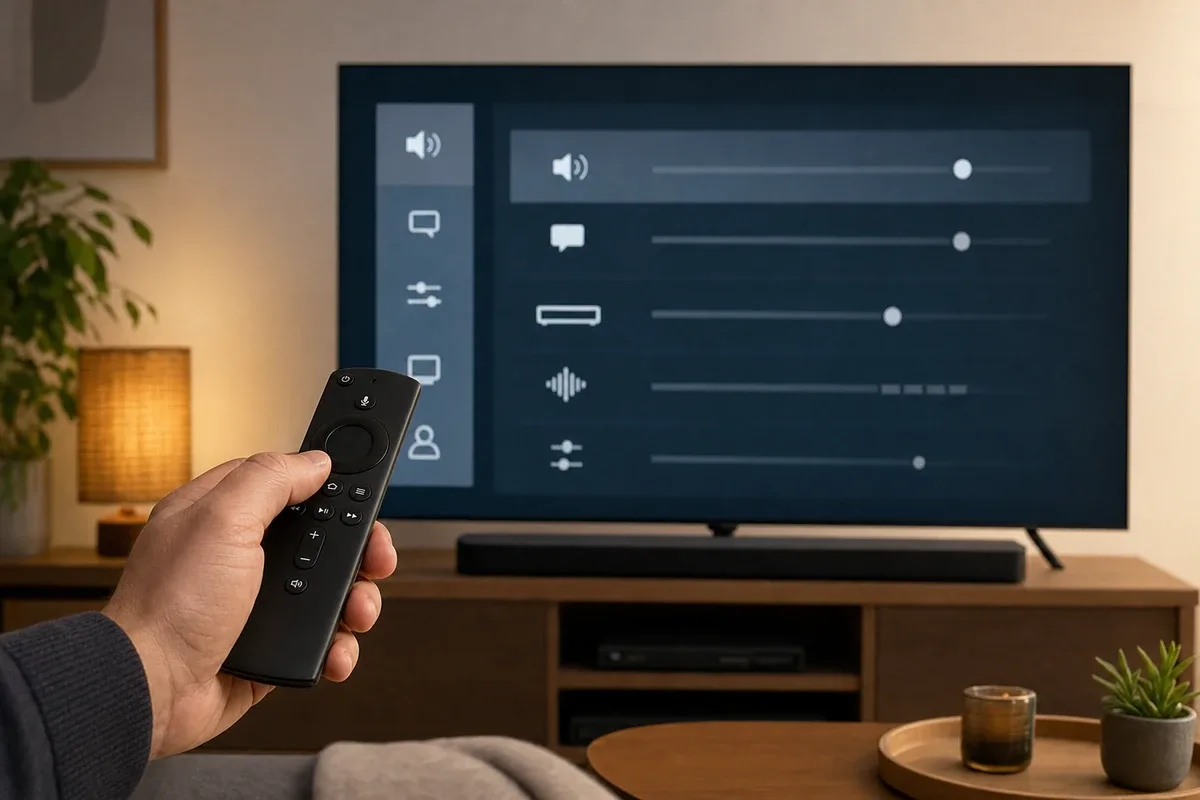 Mano con telecomando verso la TV con menu audio nelle impostazioni, soundbar sul mobile in soggiorno